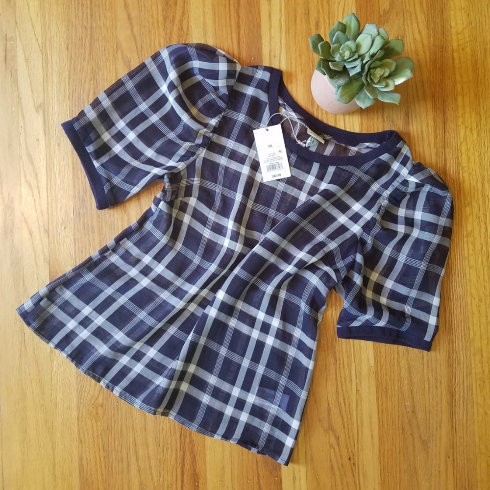 Blue White Plaid Sheer Puff Sleeve Blouse- XS NWT